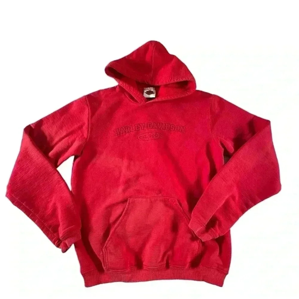 Harley Davidson Green Bay Wisconsin Red Boys Pullover Hoodie Sweatshirt Size L